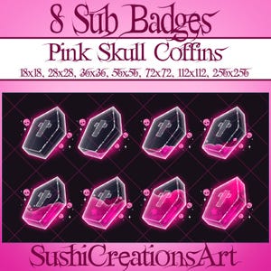 8 Kawaii Pink Skull Coffin Sub Badges, Love Vampire Coffin Pack Loyalty Bit, Halloween Twitch Overlay, Streamer, Kick, Vtuber Mixer Discord