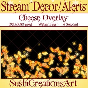 3 Animated Stream Decoration: Cheese Confetti Twitch Overlay, Dairy Food Alert, Cheddar Wedge Slice Donations Gift Subs Cheer Tips Follower