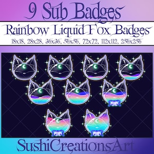 Galaxy Rainbow Fox Head Sub Badges, Sparkles Liquid Bottle, Moon Kitsune Japanese Twitch Overlay, Emote Stream Gamer Vtuber OBS Youtube Kick