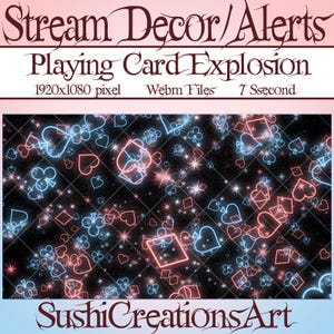 2 Animierte Stream Dekoration: Niedliches Neon Rot Blau Spielkarten Explosion Twitch Overlay, Herz, Karo, Kreuz, Pik ALarm Discord Objekt