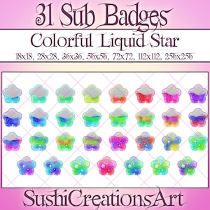 31 Kawaii Liquid Colorful Star Twitch Sub Badges, Celestial Galaxy Pack Bit, Starry Sparkles Twitch Overlay Stream Gamer Vtuber OBS Youtube