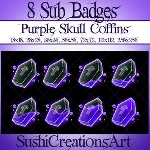 8 Kawaii Purple Skull Coffin Sub Badges, Vampire Coffin Pack Loyalty Bit, Halloween Twitch Overlay, Streamer, Kick, Vtuber Mixer Discord