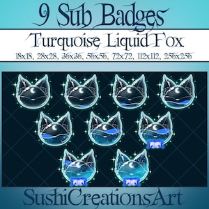 Green Turquoise Fox Head Sub Badges, Sparkles Liquid Bottle, Moon Kitsune Japanese Twitch Overlay Emote Stream Gamer Vtuber OBS Youtube Kick