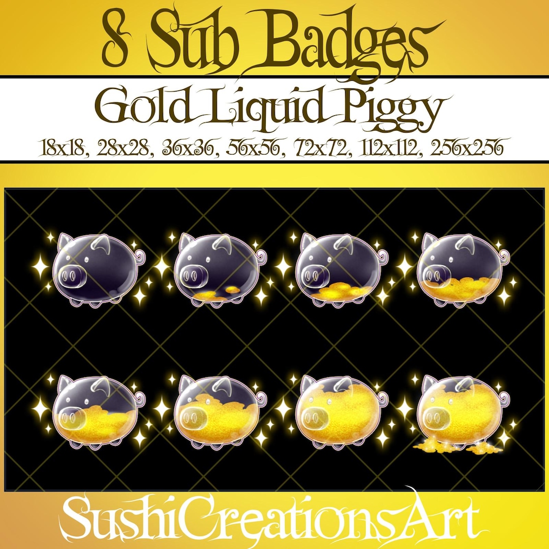 8 つのかわいいゴールド リキッド ピギー エボリューション サブ バッジ ゴール、貯金箱ビット、ピッグ ツイッチ  オーバーレイ、ストリーマー、キック、Vtuber、ミキサー、Discord - Etsy 日本