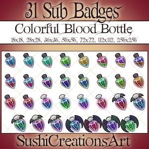 31 Kawaii Liquid Colorful Blood Bottle Twitch Sub Badges, Gothic Bat Potion Bit Vampire Teeth Twitch Overlay Stream Gamer Vtuber OBS Youtube