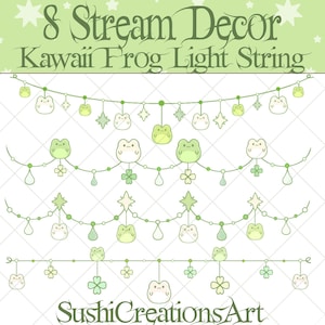 8 Animated Stream Decoration: Green Frog Twinkle Light String Twitch Overlay, Flashing Lucky Clover Froggy Light Chain Alert Vtuber Asset
