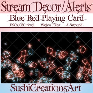2 Decorazione streaming animata: Sovrapposizione Twitch con carte da gioco rosse e blu neon carine, avviso risorse Discord con cuori, quadri, fiori e picche