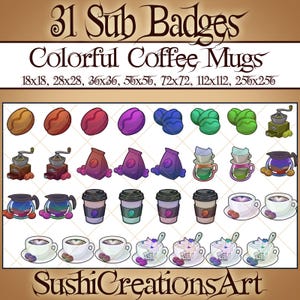Kawaii Colorful Coffee Mugs Twitch Sub Badges, Coffee Bean Discord Roles Sub Pack, Cappuccino Twitch Overlay Stream Gamer Vtuber OBS Youtube