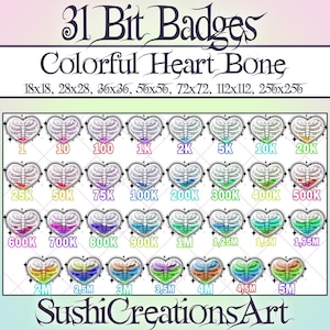 31 Kawaii Colorful Heart Bone Number Bit Badges, Gothic Caged Love Discord Roles, Sub Pack, Spooky Twitch Overlay Stream Vtuber OBS Youtube