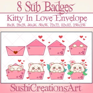 Cute White Kitty In Heart Liefdesenvelop Sub-badges Doelen, kattenemotes, Valentijnsdag Bit Twitch Overlay Streamer, Kick Vtuber Mixer Discord
