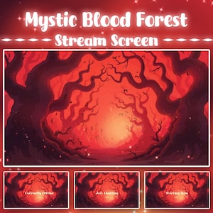 7 Animated Stream Screen: Mystic Blood Forest Twitch Overlay, Red Glowing Plant Woods Scene, Dark Fantasy Enchanted Woods Vtuber Background