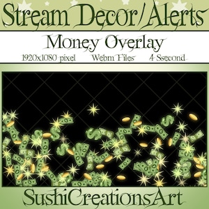 3 Animated Stream Decoration: Money, Dollars, Gold Coin Confetti Twitch Overlay, Treasure Alert Donations Gift Subs Cheer Tip Sub Follower