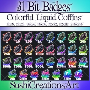 31 Kawaii Liquid Colorful Coffin Twitch Number Bit Badges, Discord Roles Vampire Coffins Sub, Twitch Overlay Stream Gamer Vtuber OBS Youtube