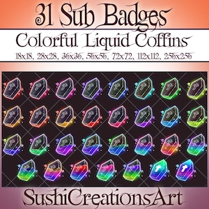 31 Kawaii Liquid Colorful Coffin Twitch Sub Badges, Discord Roles Vampire Coffins Bit, Twitch Overlay Stream Gamer Vtuber OBS Youtube Kick..