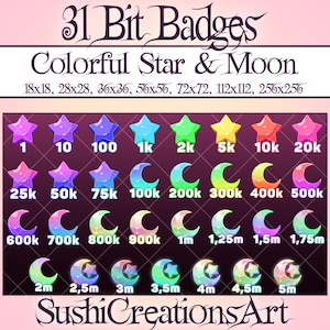 Kawaii Colorful Star Moon Twitch Number Bit Badges, Starry Sky Celestial Bit Zodiac Astronomy Twitch Overlay Stream Gamer Vtuber OBS Youtube