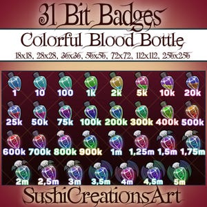 31 Kawaii Liquid Colorful Blood Bottle Twitch Bit Badges, Gothic Bat Potion Sub Vampire Teeth Twitch Overlay Stream Gamer Vtuber OBS Youtube