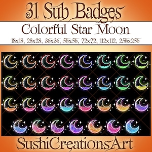 31 Kawaii Liquid Colorful Star Moon Twitch Sub Badges, Celestial Galaxy Bit, Shining Crescent Twitch Overlay Stream Gamer Vtuber OBS Youtube