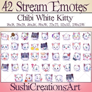 42 Chibi White Kitty Twitch Emotes Pack, Funny White Cat Emoji Bundle, Meow Twitch Overlay, Note, Love, Cry Stream Vtuber Discord Youtube...