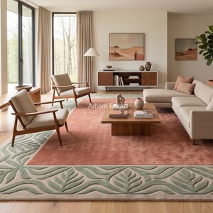 Hand-Tufted Wool Runner Rug - Coral Rose & Sage Green Botanical Leaf Border, Custom Size Long Hallway Rug, Luxury Staircase Runner