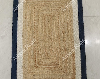 Alfombra de yute tejida a mano con borde festoneado, estilo bohemio moderno