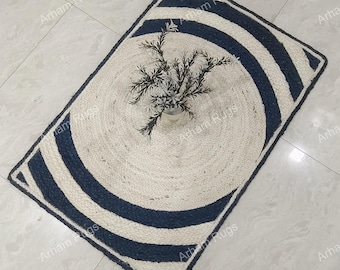 Alfombra de yute tejida a mano con borde festoneado, estilo bohemio moderno