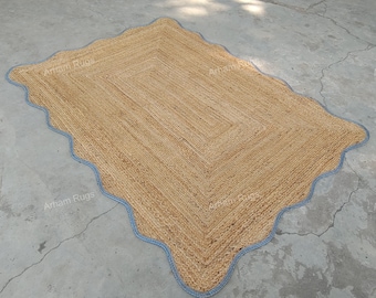 Handmade Jute Area Rug –Blue, Red, Green Scalloped Border, Natural Fiber