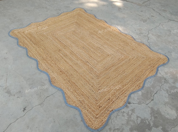 White Scalloped Jute Rug- Natural Scallop Rug, Large Area Jute Rug, Scalloped Rug, Jute runner Rug, Jute Rug Square Boho Jute Rug Custom Rug
