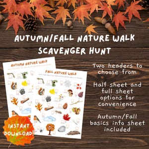 Autumn Fall Nature Walk Scavenger Hunt for Kids, Nature Learning, Fall Unit Study, Outdoor Printable Treasure Hunt, Preschool and Elementary