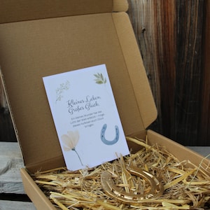 Herradura - Pequeño poni Herradura - Regalo Caballo Pony Amuleto de la suerte Jinete Chica Caballo - dorado con tarjeta personalizada
