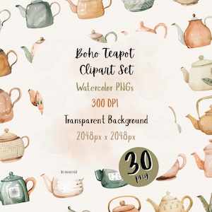 Pode incluir: Uma coleção de bules de aquarela em várias cores, incluindo verde, bege e pêssego. A imagem inclui o texto "Boho Teapot Clipart Set" e detalhes sobre os arquivos PNG, como a resolução e o número de imagens.