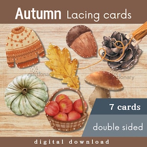Könnte beinhalten: Sieben doppelseitige Schnürkarten mit Herbstmotiven. Die Karten beinhalten einen Kürbis, eine Eichel, einen Pilz, ein Blatt, einen Pullover und einen Korb mit Äpfeln.