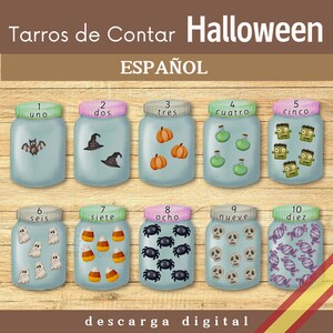 Tarros para contar en ESPAÑOL de Halloween para niños pequeños | Actividad de otoño |  Clasificación de números para edad preescolar