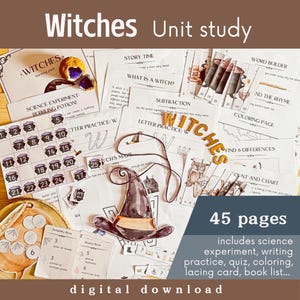 May include: A set of 45 printable pages for a witches unit study. The pages include activities such as science experiments, writing practice, a quiz, colouring pages, a lacing card, and a book list. The pages are decorated with a witch's hat, owls, and cauldrons.