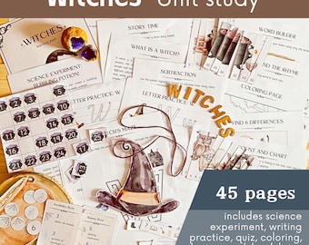 May include: A set of 45 printable pages for a witches unit study. The pages include activities such as science experiments, writing practice, a quiz, coloring pages, a lacing card, and a book list. The pages are decorated with a witch's hat, owls, and cauldrons.