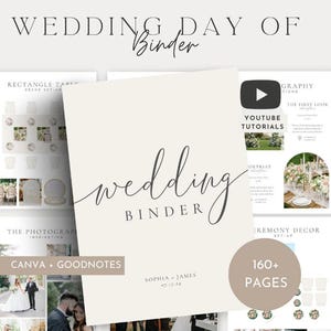 Puede incluir: Una plantilla digital de organizador de bodas con una portada color crema que incluye el texto wedding BINDER, Sophia + James y 07.17.24. El diseño incluye varias páginas con inspiración fotográfica, decoración de ceremonia y mesas para Canva y Goodnotes.
