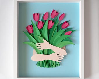 Handmade Framed Paper Art "Tulip Bouquet" – 3D Floral Wall Decor & Gift (295x245x30 mm)