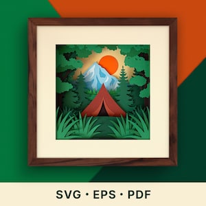 Op de afbeelding: Een ingelijst papieren kunstwerk dat een kampeerscène uitbeeldt. Het kunstwerk toont een rode tent, een berg en een ondergaande zon, allemaal omringd door groene bomen en gras. De lijst is donkerbruin van kleur. De onderkant van de afbeelding heeft de tekst "SVG • EPS • PDF".