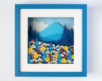 Handmade Framed Paper Art "Mountains in Bloom" | Layered Wall Decor | 3D Paper Sculpture | Paper Cut Gift | Floral art | 310x310x50 mm