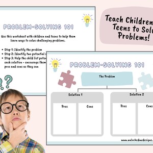 May include: A printable worksheet titled "Problem-Solving 101" with a light blue background and a light gray chart. The chart has a section for "The Problem", two sections for "Solution 1" and "Solution 2", and a section for "Pros" and "Cons" for each solution. The worksheet is designed to help children and teens learn how to solve problems.