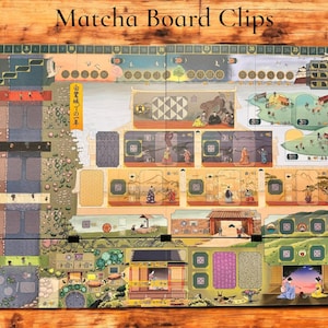 May include: A colorful game board with Japanese-inspired illustrations and text. The board is divided into sections with different scenes, including a garden, a house, and a street. The board is made of cardboard and has a matte finish.