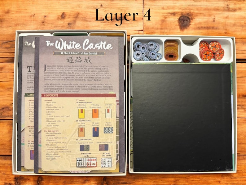 May include: The White Castle board game box, layer 4, showing the game board, rule book, and components in a white box with a black lid. The components include cards, tokens, and dice.