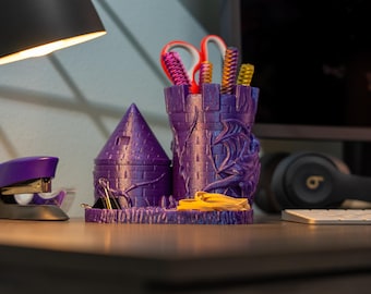 3D-geprint kasteeldraak bureauorganizer: fantasie pennenhouder met deksel
