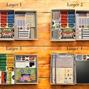 May include: Four layers of a board game organizer, showing the different compartments for storing the game pieces. The top layer has a white background with the text "Layer 1" in black. The second layer has a white background with the text "Layer 2" in black. The third layer has a white background with the text "Layer 3" in black. The fourth layer has a white background with the text "Layer 4" in black. The game pieces are organized in different compartments, including small plastic containers, trays, and dividers. The game pieces are a variety of colors, including red, blue, green, yellow, and brown. The game pieces are made of plastic and wood. The game pieces are organized in a way that makes it easy to find the pieces you need. The game pieces are also organized in a way that makes it easy to store the game pieces.