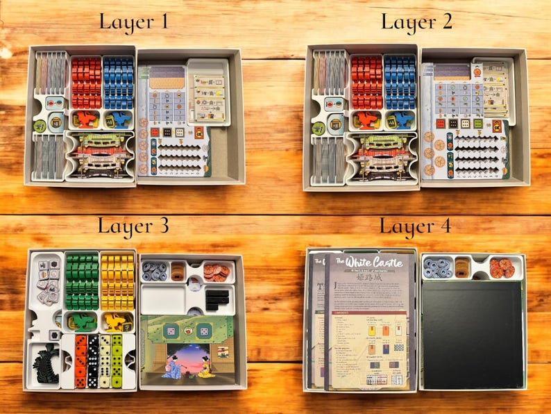 May include: Four layers of a board game organizer, showing the different compartments for storing the game pieces. The top layer has a white background with the text "Layer 1" in black. The second layer has a white background with the text "Layer 2" in black. The third layer has a white background with the text "Layer 3" in black. The fourth layer has a white background with the text "Layer 4" in black. The game pieces are organized in different compartments, including small plastic containers, trays, and dividers. The game pieces are a variety of colors, including red, blue, green, yellow, and brown. The game pieces are made of plastic and wood. The game pieces are organized in a way that makes it easy to find the pieces you need. The game pieces are also organized in a way that makes it easy to store the game pieces.