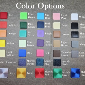 May include: Color options chart with 5 rows of 10 color swatches. The colors include red, light red, orange, yellow, light yellow, blue, pink, brown, beige, white, lime green, pine green, sea green, mint green, dark blue, purple, dark purple, shiny black, matte black, chocolate brown, light brown, gray, gun metal gray, sparkly purple, sparkly blue, sparkly black, silver, gold, metallic red, metallic green, and metallic blue.