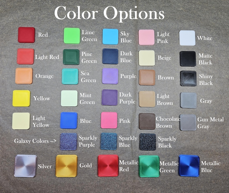 May include: Color options chart with 5 rows of 10 color swatches. The colors include red, light red, orange, yellow, light yellow, blue, pink, brown, beige, white, lime green, pine green, sea green, mint green, dark blue, purple, dark purple, shiny black, matte black, chocolate brown, light brown, gray, gun metal gray, sparkly purple, sparkly blue, sparkly black, silver, gold, metallic red, metallic green, and metallic blue.