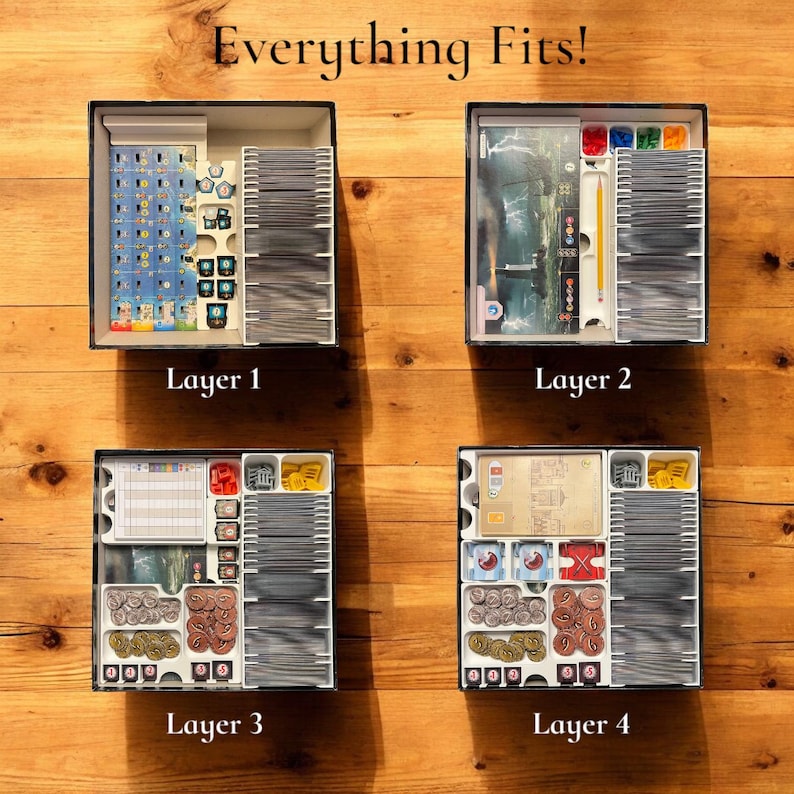 May include: Four layers of a board game organizer, showing how all the game components fit inside. The organizer is made of white plastic with black dividers. The game components include cards, tokens, and dice. The organizer is labeled "Layer 1", "Layer 2", "Layer 3", and "Layer 4".