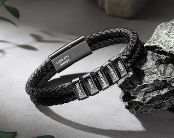 Personalized Woven Leather Bracelet, Custom Name Beads, Gift for Him