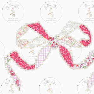 May include: A pink and white patchwork bow with a floral pattern. The bow is made of fabric scraps and has a vintage look. The bow is perfect for adding a touch of whimsy to any project.