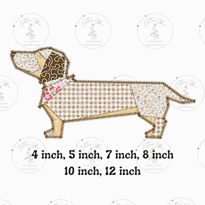May include: A patchwork dachshund dog design in various fabrics, including floral, gingham, and patterned textures. The dog is outlined with a brown zig-zag stitch. Text on the image indicates sizes: 4 inch, 5 inch, 7 inch, 8 inch, 10 inch, and 12 inch.